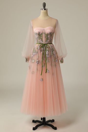A Line Jewel Light Nude Long Formal Dress with Embroidery